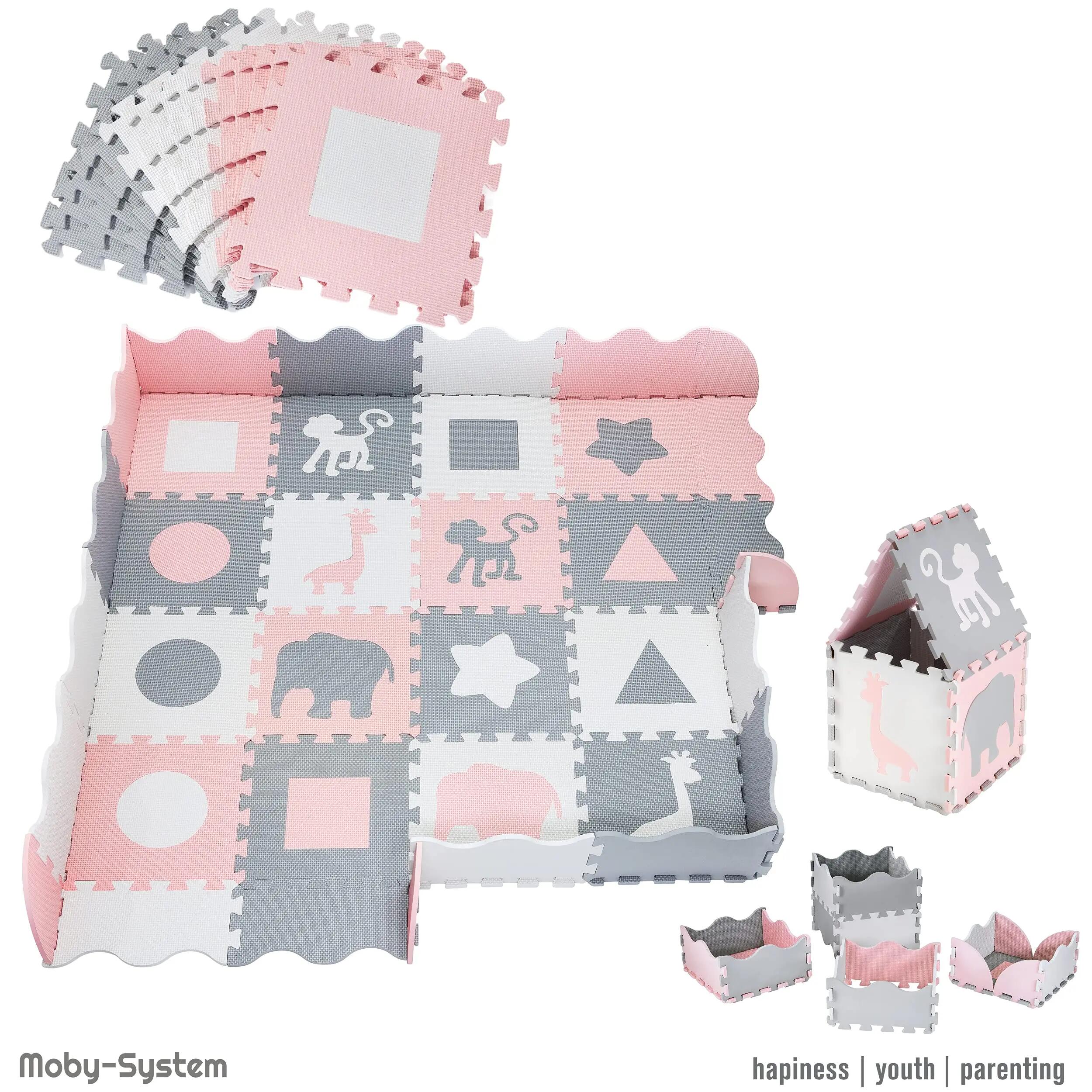 Tapete puzzle bebé - motricidad - 16 piezas - rosa blanco gris 3/8