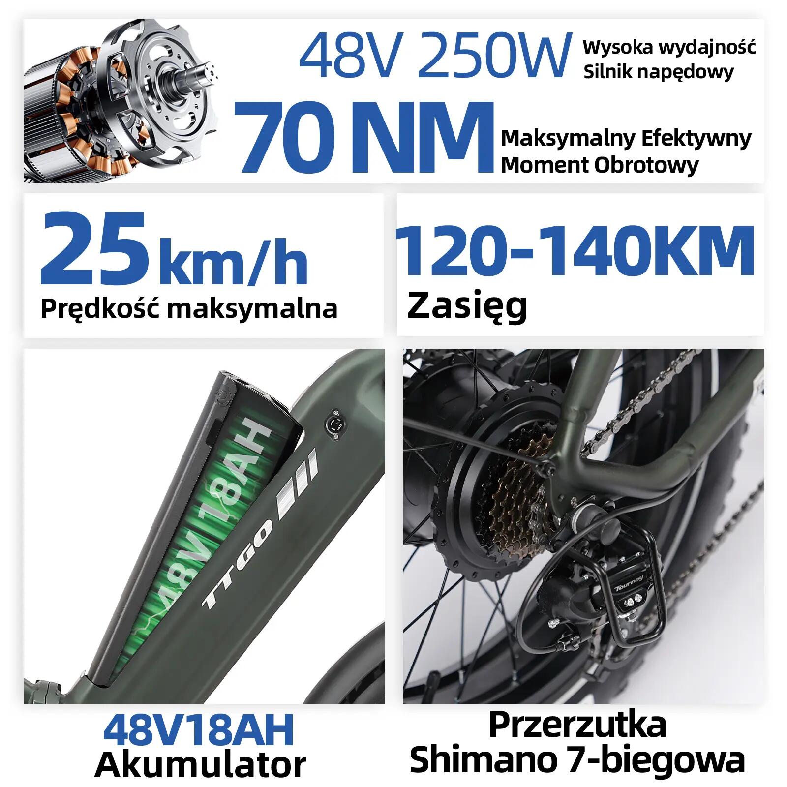 Rower elektryczny TTGO F6 Boost (dorosły), silnik 250W, bateria 48V 18Ah 6/15