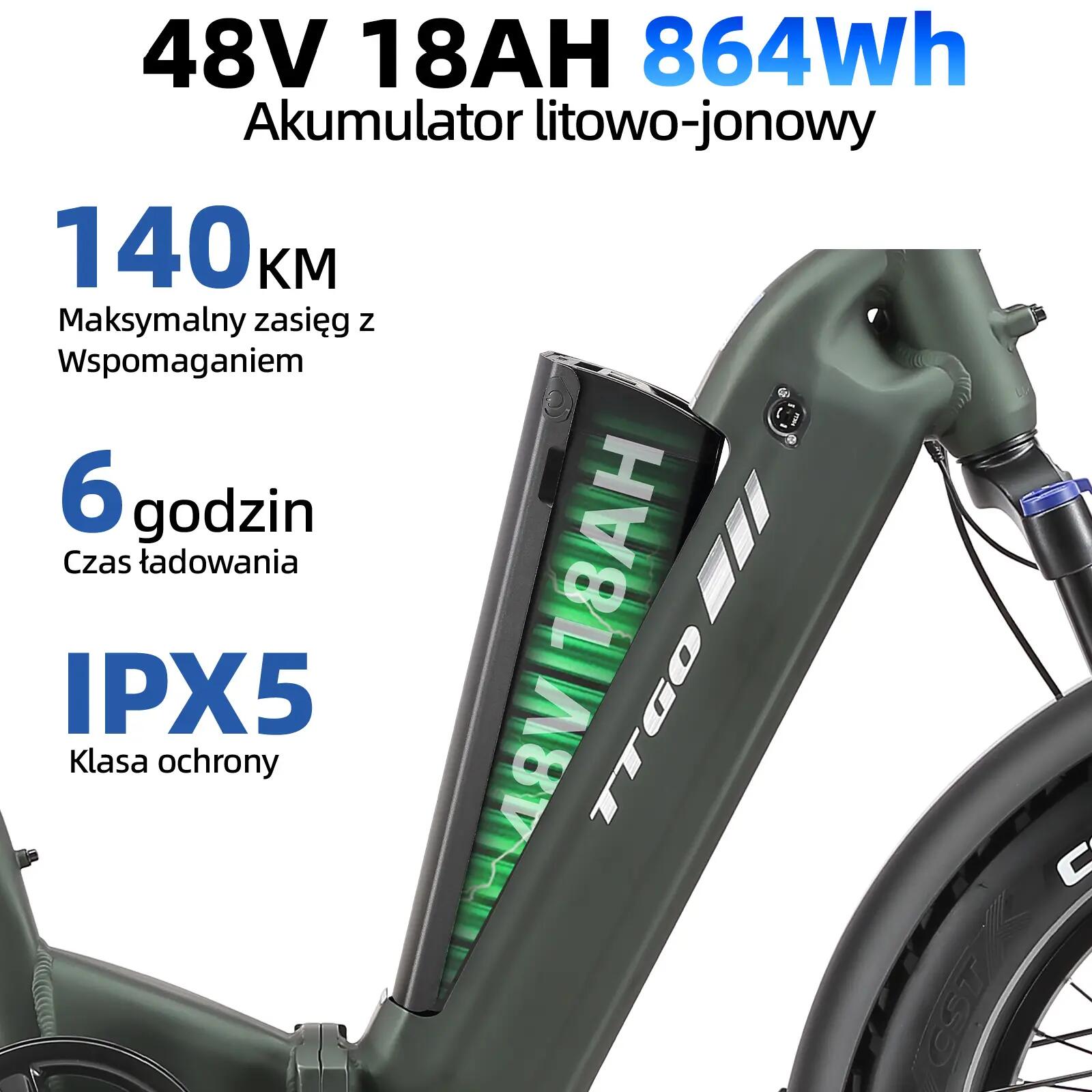 Rower elektryczny TTGO F6 Boost (dorosły), silnik 250W, bateria 48V 18Ah 5/15