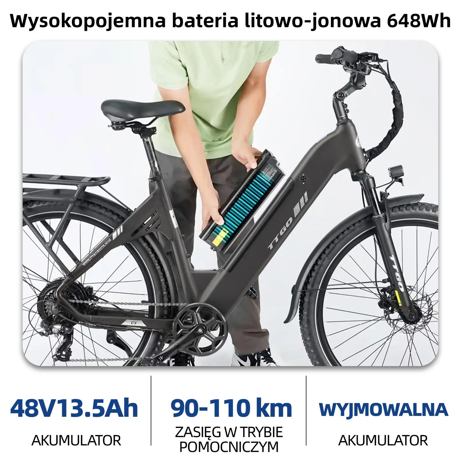 Rowerek elektryczny TTGO C5 dla dorosłych – opony 27,5", akumulator 48 V 13,5 Ah 8/13