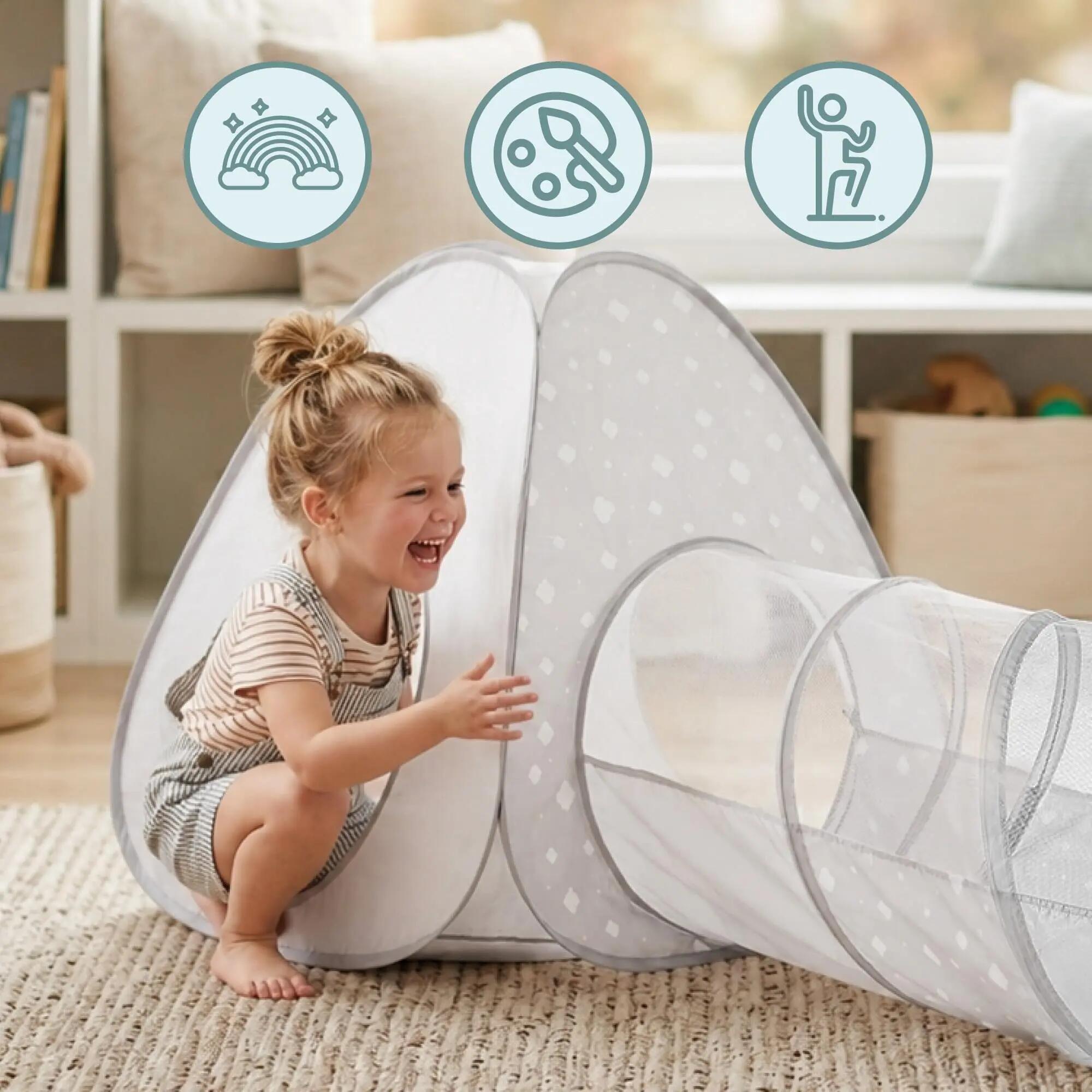 Tenda e tunnel per bambini - gioco 3-in-1 modulare - grigio e bianco 5/9