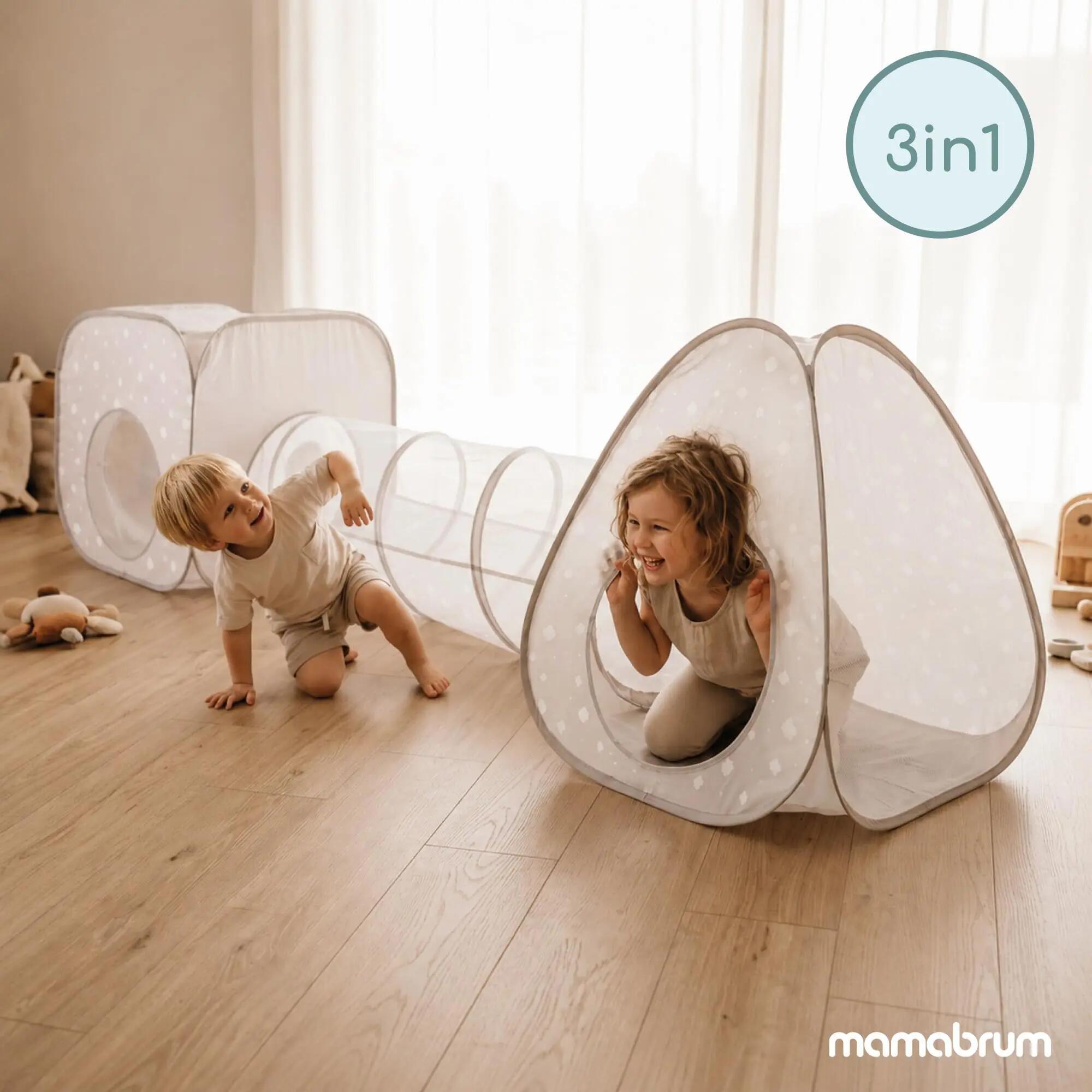 Tenda e tunnel per bambini - gioco 3-in-1 modulare - grigio e bianco 3/9