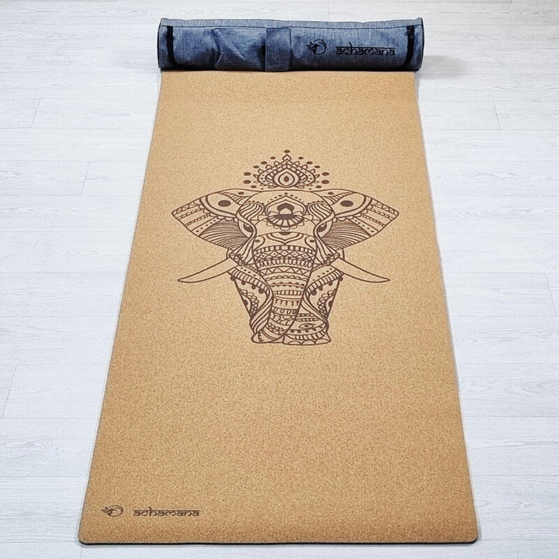 Tapis de yoga caoutchouc et liège 5mmx68cmx1,83m - Eléphant + Sac de yoga
