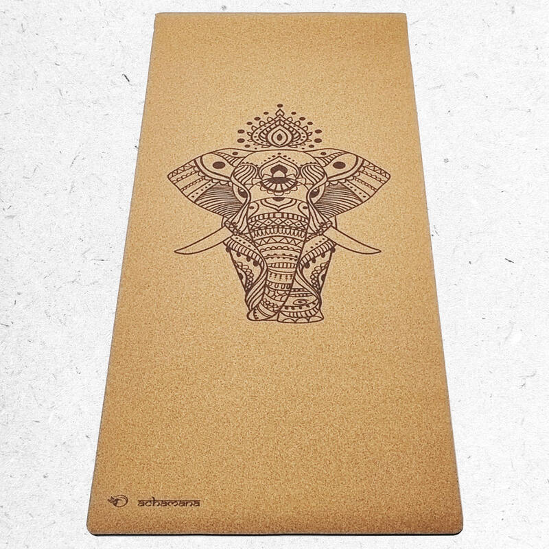 Tapete de ioga de borracha e cortiça 5mmx68cmx1,83m - Elefante + saco de ioga