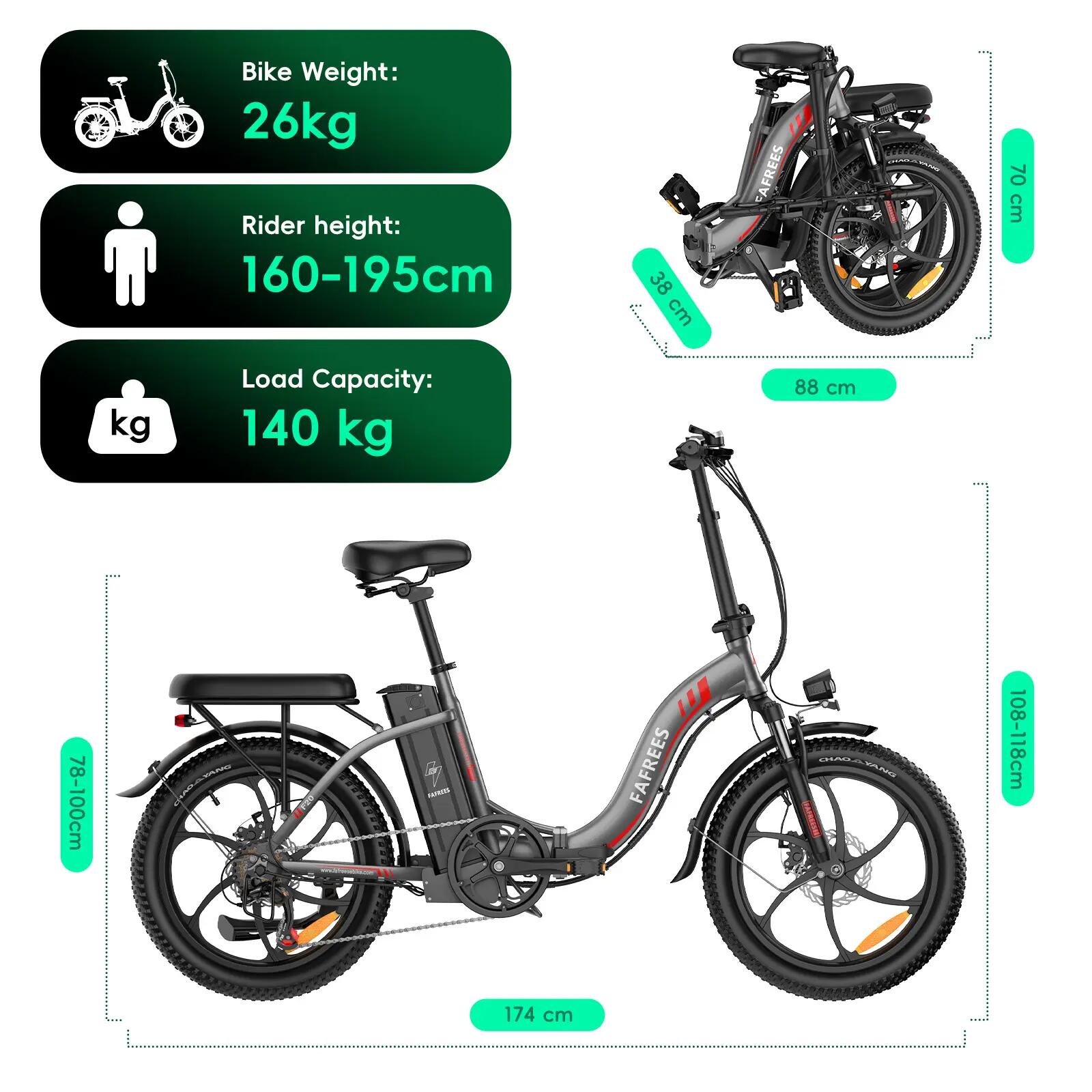Bicicleta elétrica urbana FAFREES F20, Motor 250W, Bateria 36V 18Ah, Pneus 20" 12/13