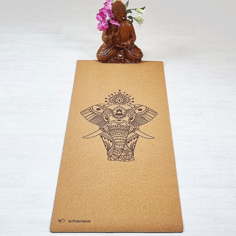 Tapis de yoga caoutchouc et liège 5mmx68cmx1,83m - Eléphant + Sac de yoga