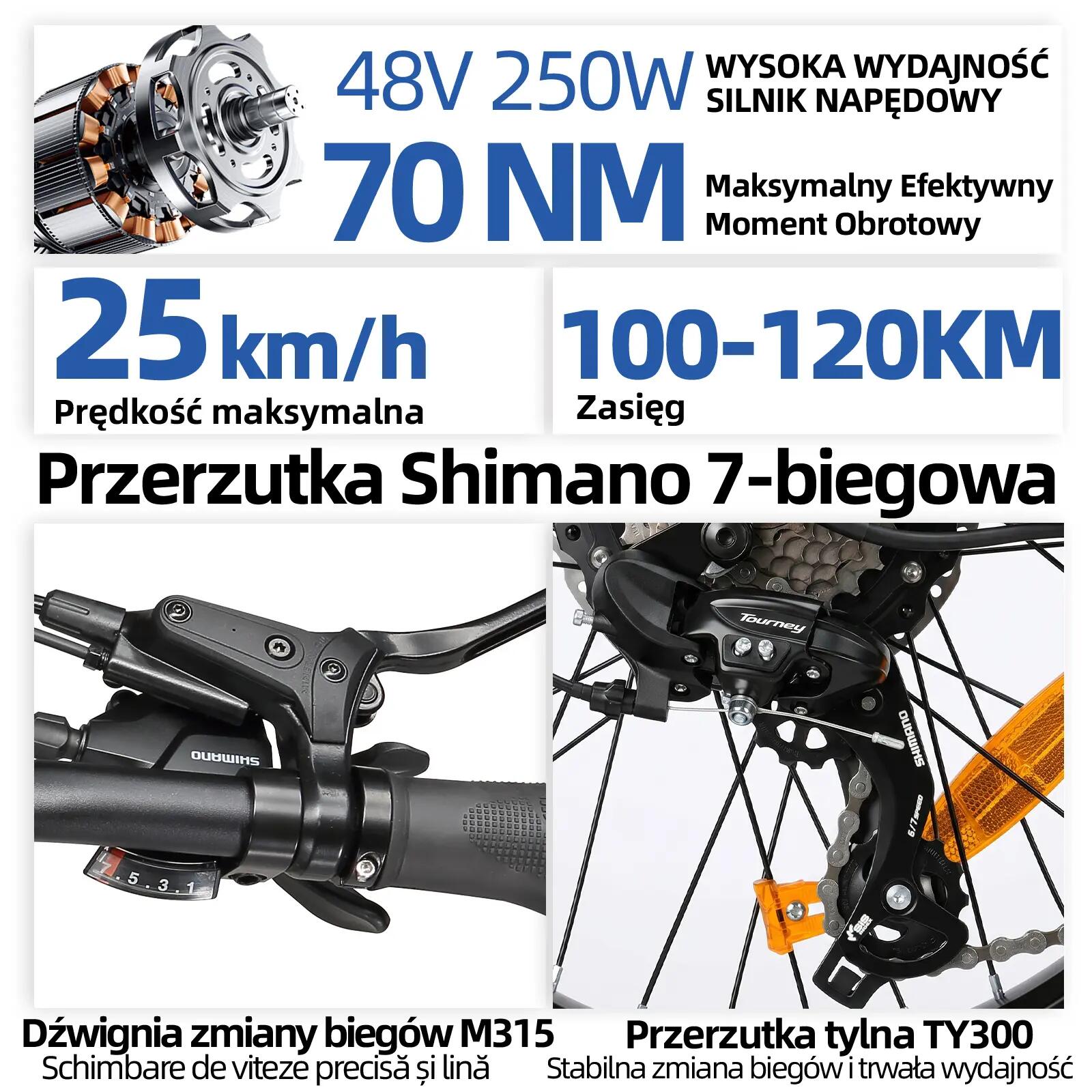 Elektryczny rower dla dorosłych TTGO F7 250W silnik 48V 15Ah bateria 13/15