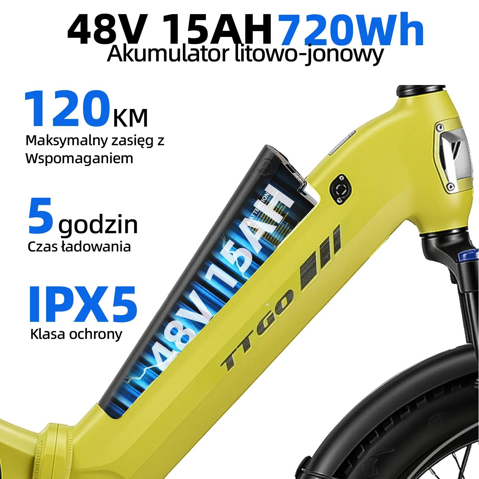 Elektryczny rower dla dorosłych TTGO F7 250W silnik 48V 15Ah bateria 12/15