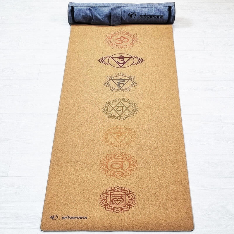 Tapete de ioga de borracha e cortiça 5mmx68cmx1,83m - 7 chakras + saco de ioga