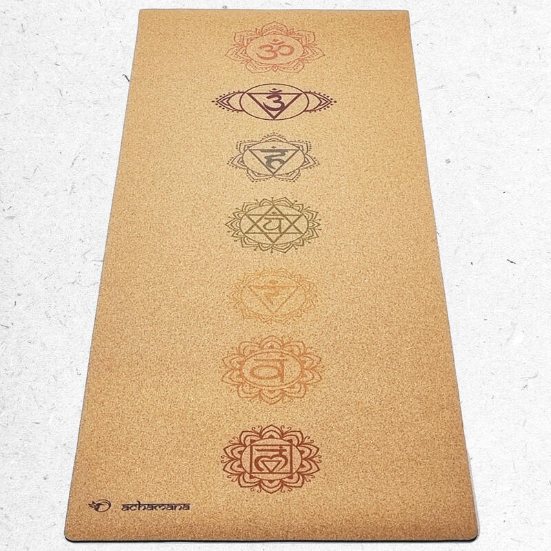 Yogamat rubber & kurk 5mmx68cmx1,83m - 7 chakra's + Yogatas