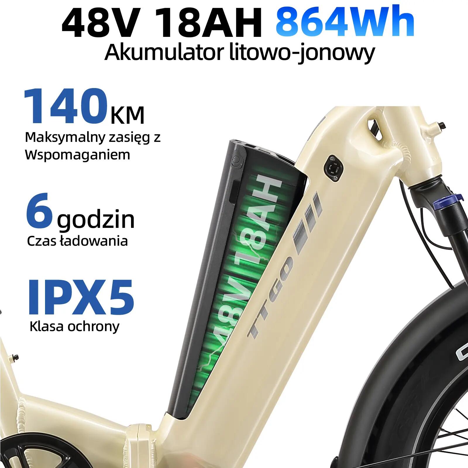 Rower elektryczny TTGO F6 Boost (dorosły), silnik 250W, bateria 48V 18Ah 5/15