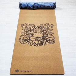 Tapis de yoga gomme caoutchouc & liège 5mmx68cmx1,83m - Bouddha rieur +Sac yoga
