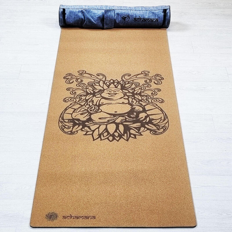 Yogamat rubber & kurk 5mmx68cmx1,83m - Lachende Boeddha +Yogatas