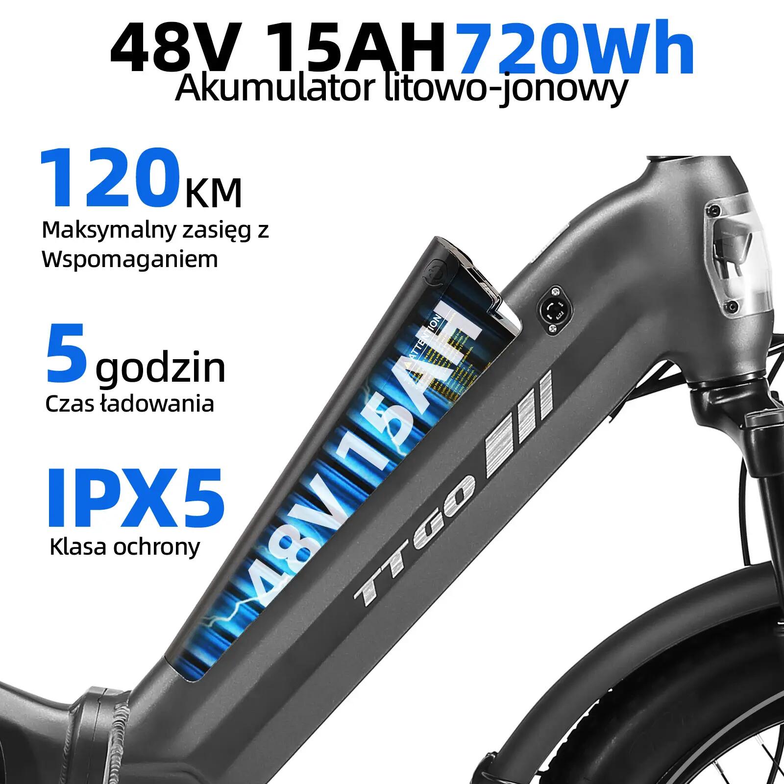 Rower elektryczny TTGO F7 (dorosły), silnik 250W, bateria 48V 15Ah 7/15
