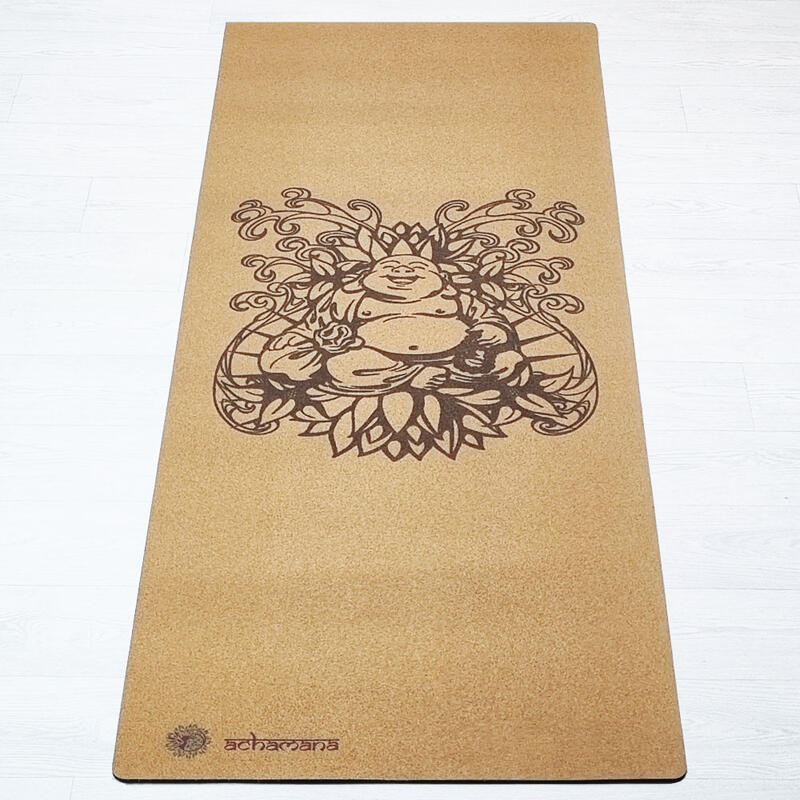 Yogamat rubber & kurk 5mmx68cmx1,83m - Lachende Boeddha +Yogatas