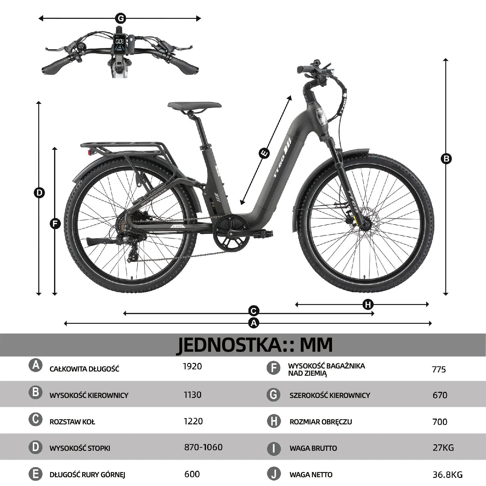 Rower elektryczny TTGO E-SUVO (dorosły), silnik 250W, bateria 48V 15Ah 15/15