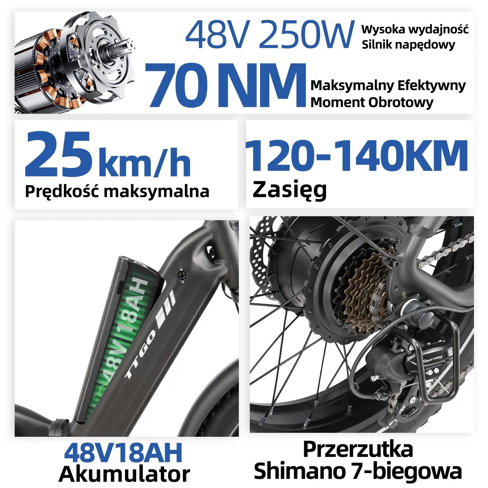 Rower elektryczny TTGO F6 Boost (dorosły), silnik 250W, bateria 48V 18Ah 6/15
