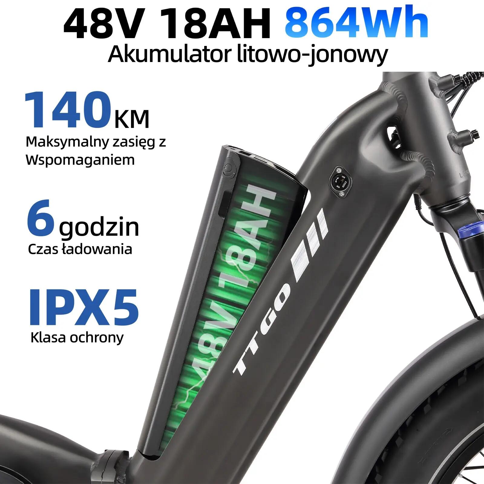 Rower elektryczny TTGO F6 Boost (dorosły), silnik 250W, bateria 48V 18Ah 5/15