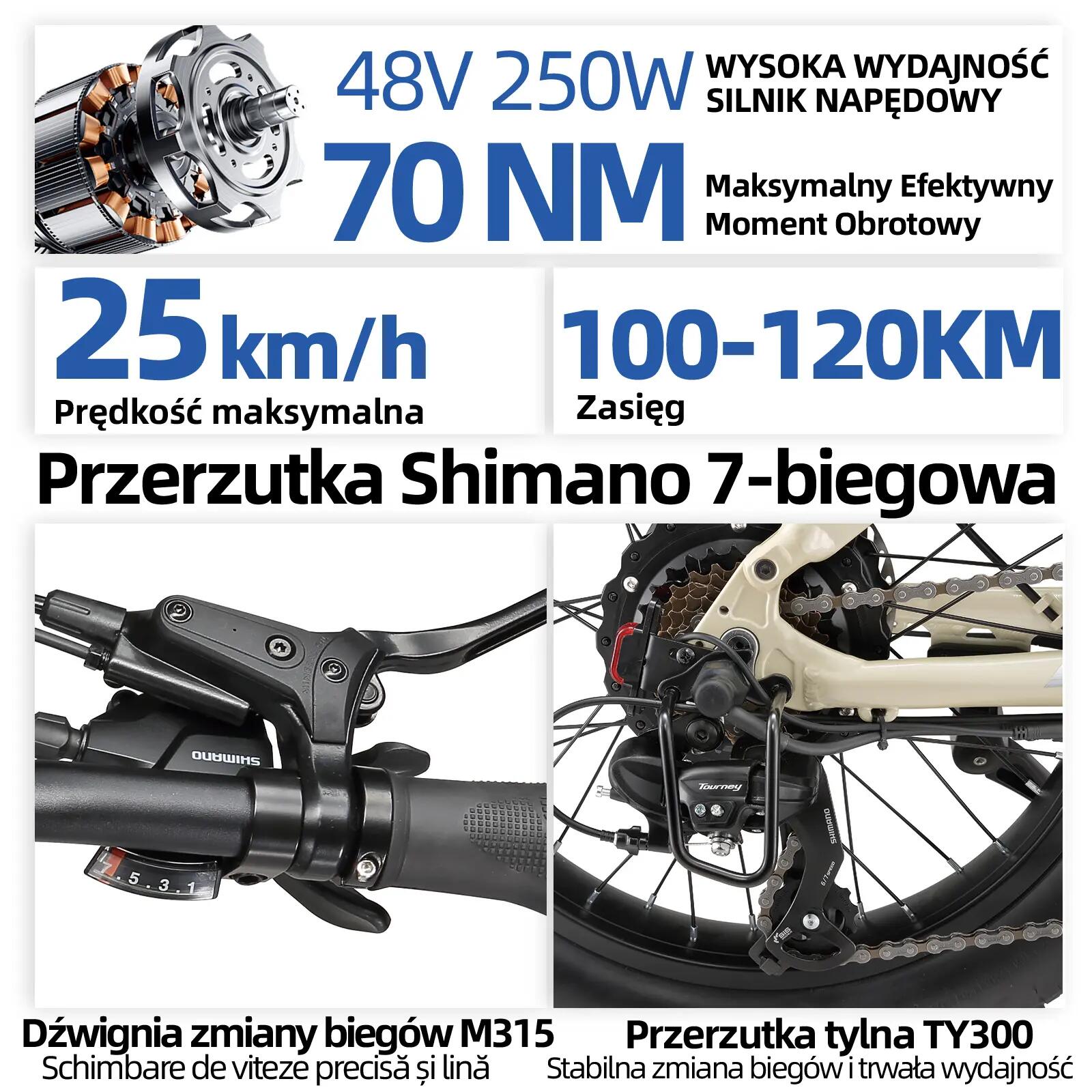 Elektryczny rower dla dorosłych TTGO F7 250W silnik 48V 15Ah bateria 12/15
