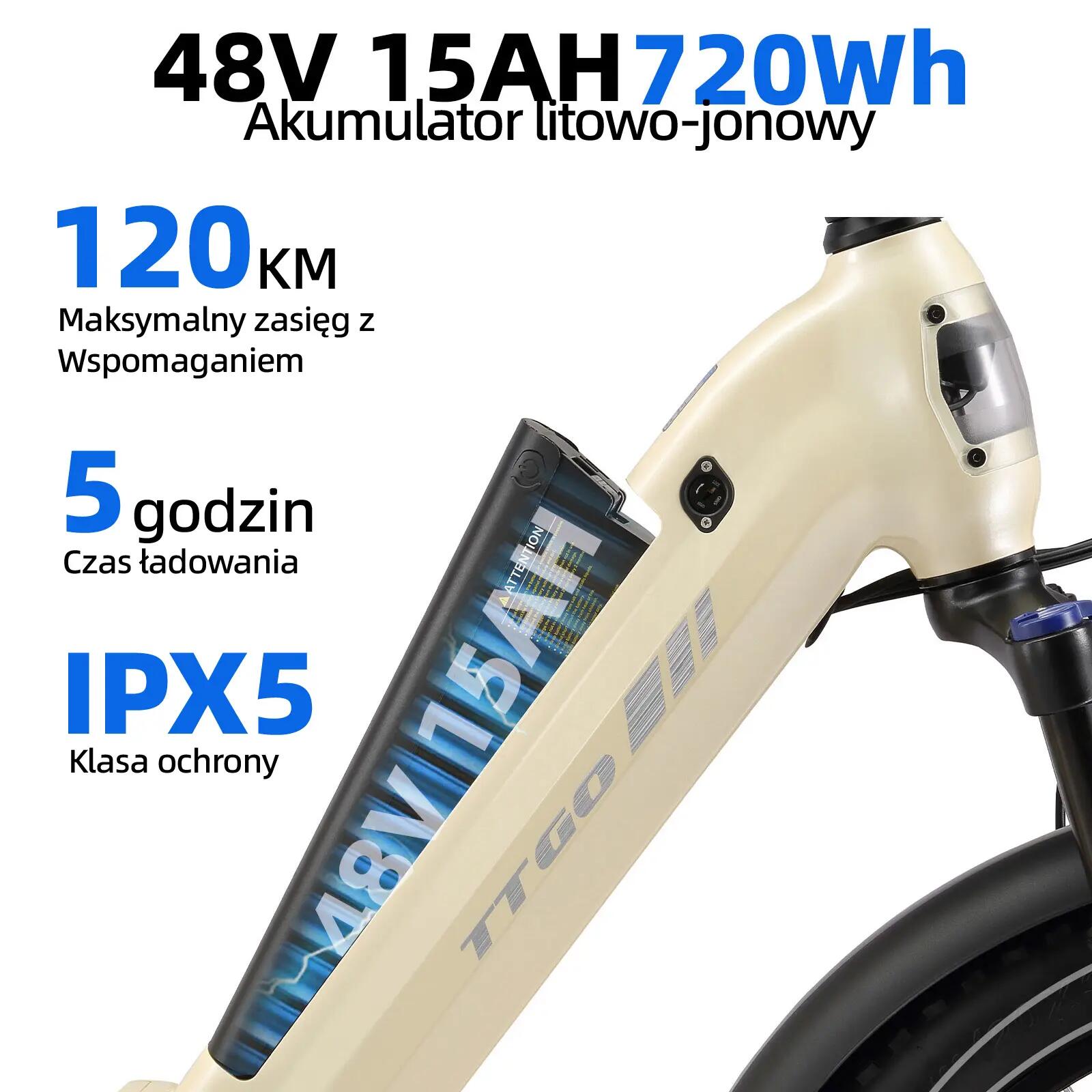 Elektryczny rower dla dorosłych TTGO F7 250W silnik 48V 15Ah bateria 11/15