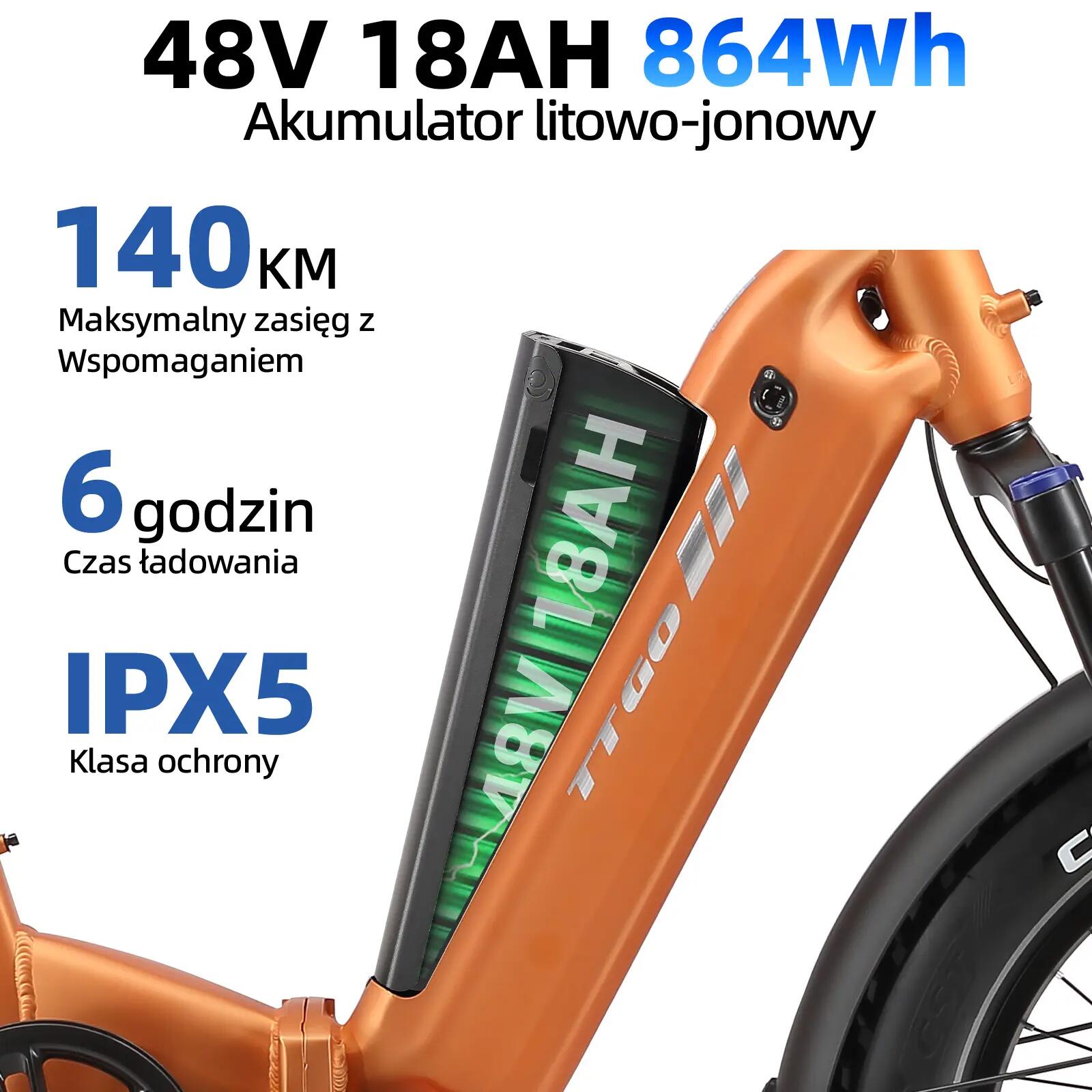 Rower elektryczny dla dorosłych F6Boost, opony 20"×4,0", akumulator 48V 18Ah. 6/12