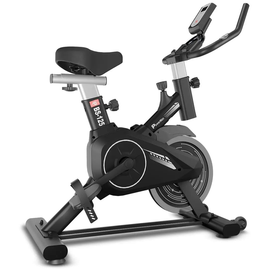 PowerMax Fitness BS-125 Spin Exercise Bike for Home use, 16mm 6Kg Flywheel, Max User Weight 130kg, LCD Display, 2pc Crank, Heart rate sensor, Knob braking, Adjustable foot strap and seat -  1