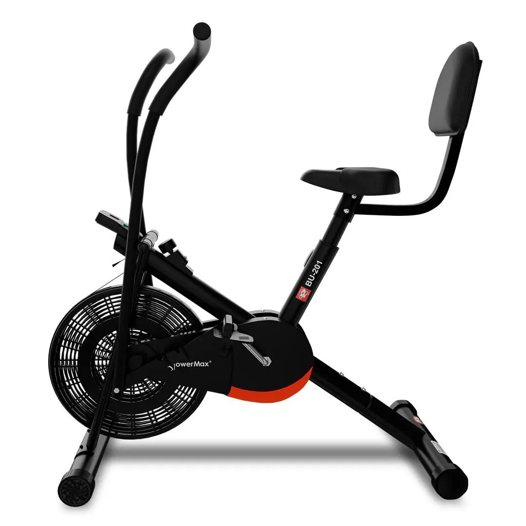 PowerMax Fitness BU-201 Dual Action Air Bike/Exercise Bike for Home |Gym Cycle for Workout With Adjustable Cushioned Seat | Non-Slip Pedals | Moving Handles Black Gym Bike, Max user weight 120 KG -  1