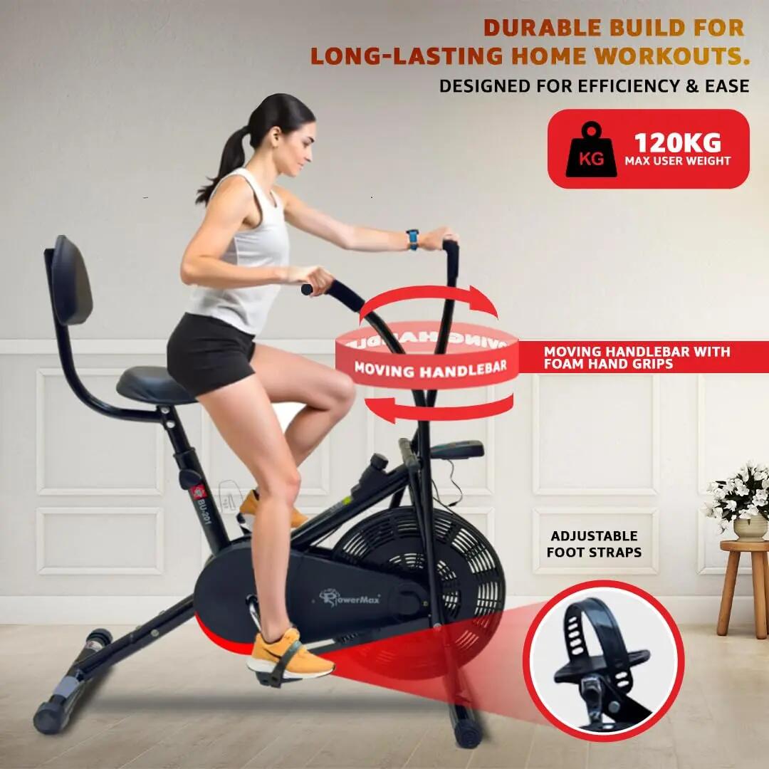 PowerMax Fitness BU-201 Dual Action Air Bike/Exercise Bike for Home |Gym Cycle for Workout With Adjustable Cushioned Seat | Non-Slip Pedals | Moving Handles Black Gym Bike, Max user weight 120 KG -  5