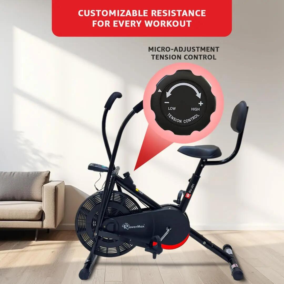 PowerMax Fitness BU-201 Dual Action Air Bike/Exercise Bike for Home |Gym Cycle for Workout With Adjustable Cushioned Seat | Non-Slip Pedals | Moving Handles Black Gym Bike, Max user weight 120 KG -  4