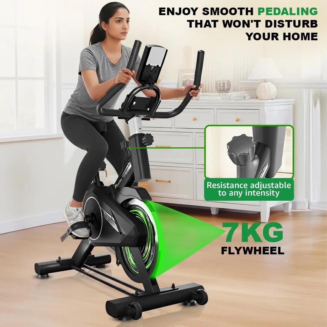 PowerMax Fitness BS-125 Spin Exercise Bike for Home use, 16mm 6Kg Flywheel, Max User Weight 130kg, LCD Display, 2pc Crank, Heart rate sensor, Knob braking, Adjustable foot strap and seat -  4