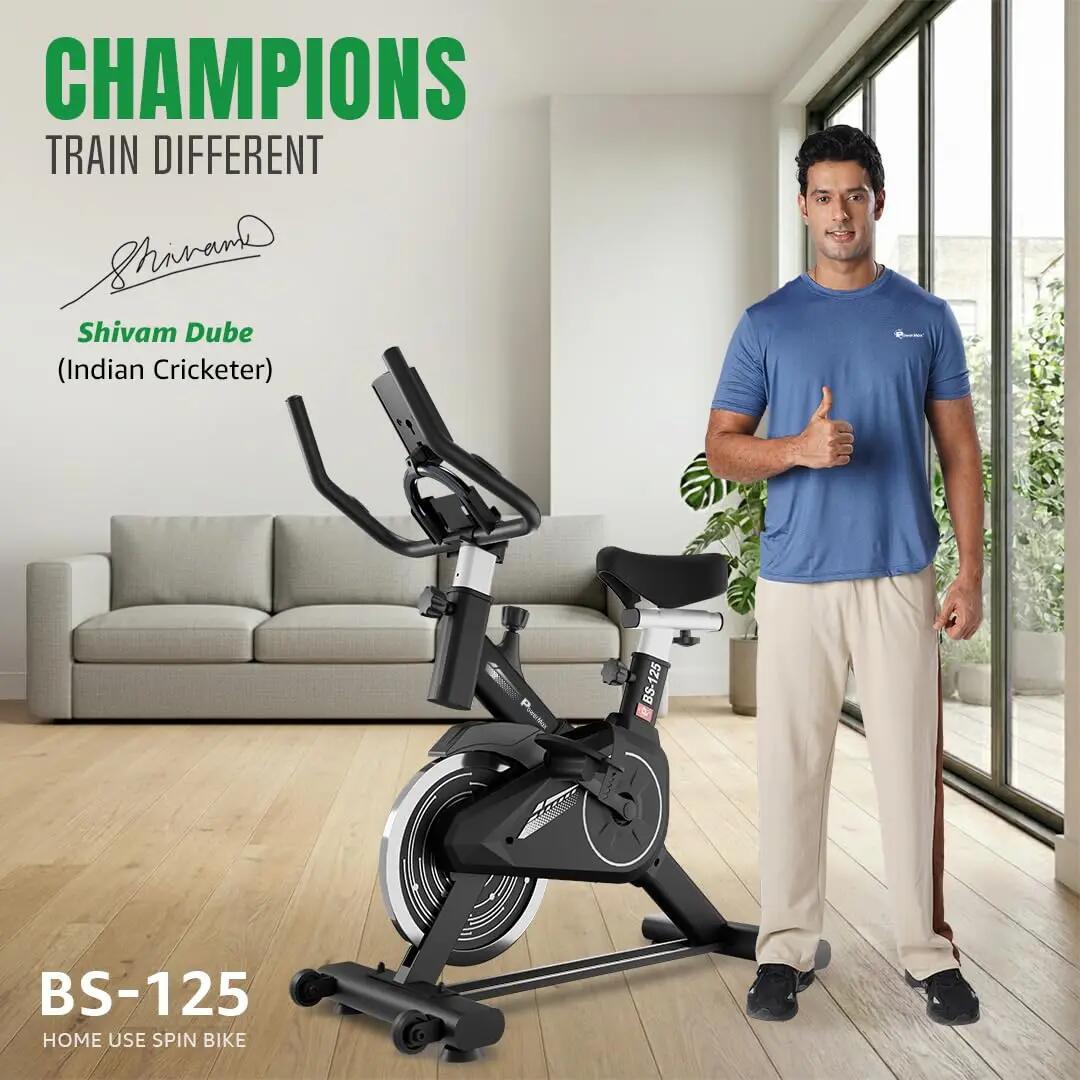 PowerMax Fitness BS-125 Spin Exercise Bike for Home use, 16mm 6Kg Flywheel, Max User Weight 130kg, LCD Display, 2pc Crank, Heart rate sensor, Knob braking, Adjustable foot strap and seat -  2