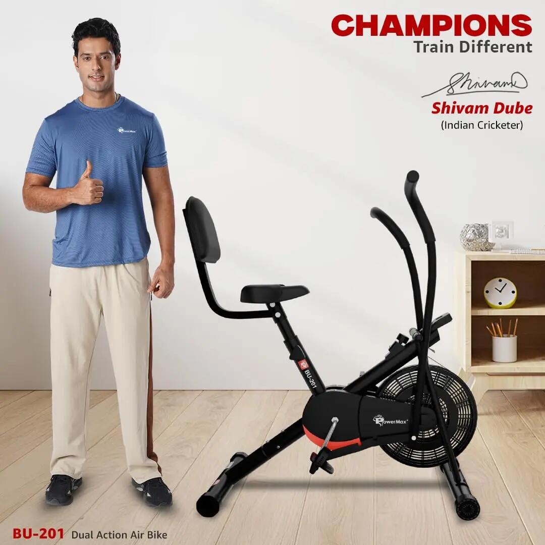 PowerMax Fitness BU-201 Dual Action Air Bike/Exercise Bike for Home |Gym Cycle for Workout With Adjustable Cushioned Seat | Non-Slip Pedals | Moving Handles Black Gym Bike, Max user weight 120 KG -  2