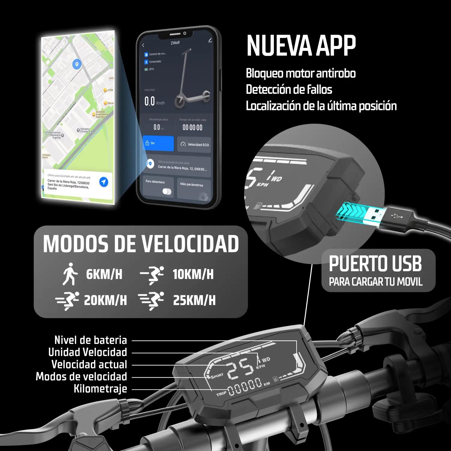 Trotinete elétrico ZWheel ZRino SE , 1000W, 15000mAh, 50km, noir 9/12