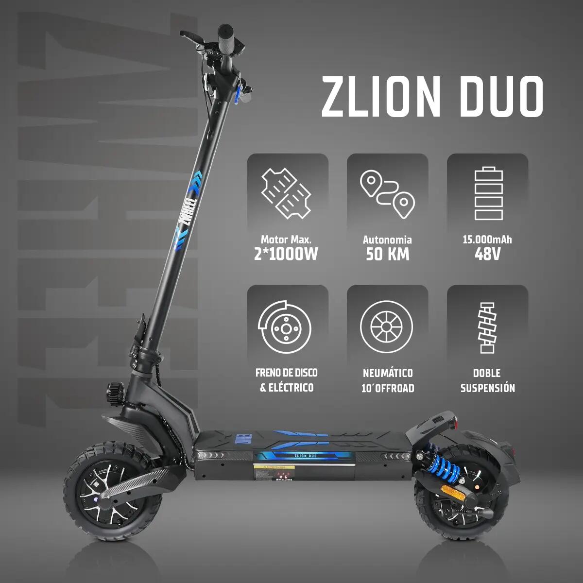 Trotinete elétrico ZWheel ZLion Duo, 2000W, 15000mAh, 50km, noir/bleu 2/10