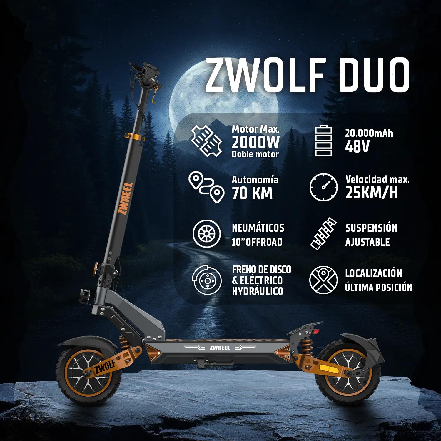 Patinete eléctrico ZWheel ZWolf Duo 2000W 20Ah 70km certificado por la DGT 2/13