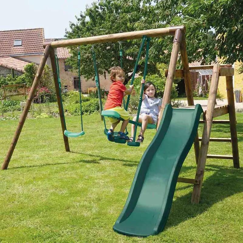 Portique en bois rond 3 agrès avec face à face et toboggan bas FIGUE 3/5