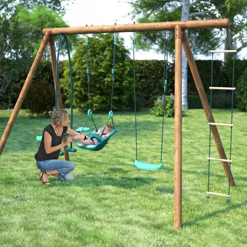 Portique en bois rond 4 agrès balançoire bébé, échelle et face à face SUZON 3/5