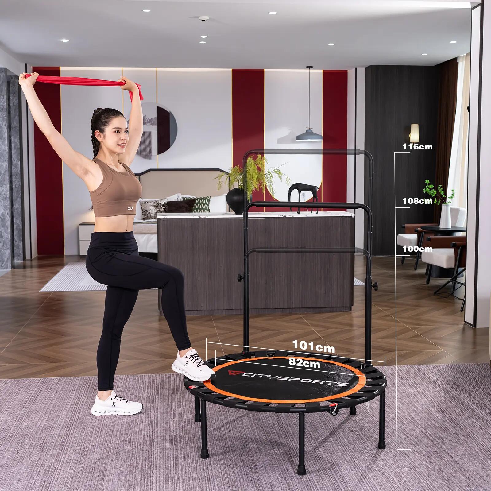 Trampolim de fitness dobrável com barra de apoio, design silencioso e resistente 8/9