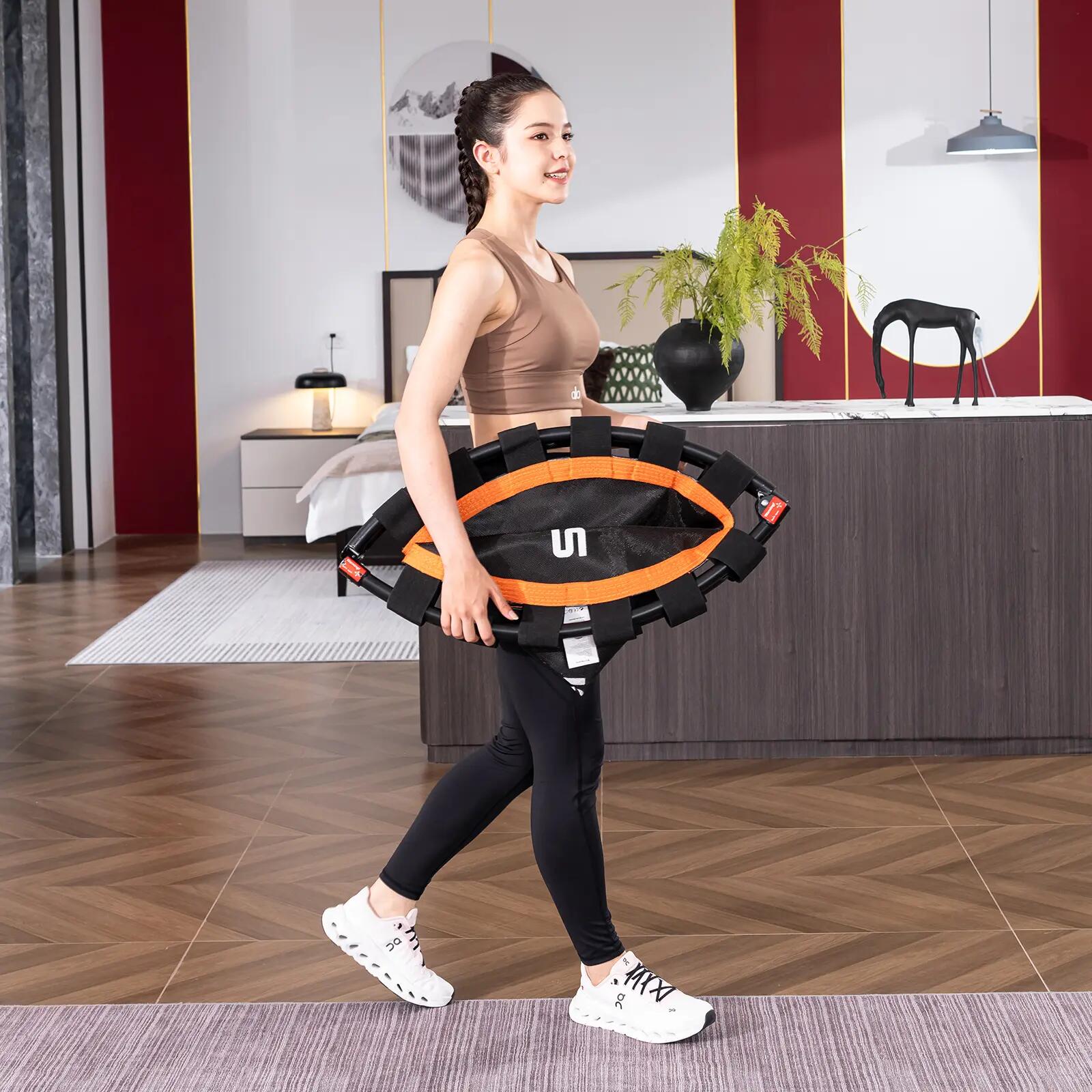 Trampolim de fitness dobrável com barra de apoio, design silencioso e resistente 7/9