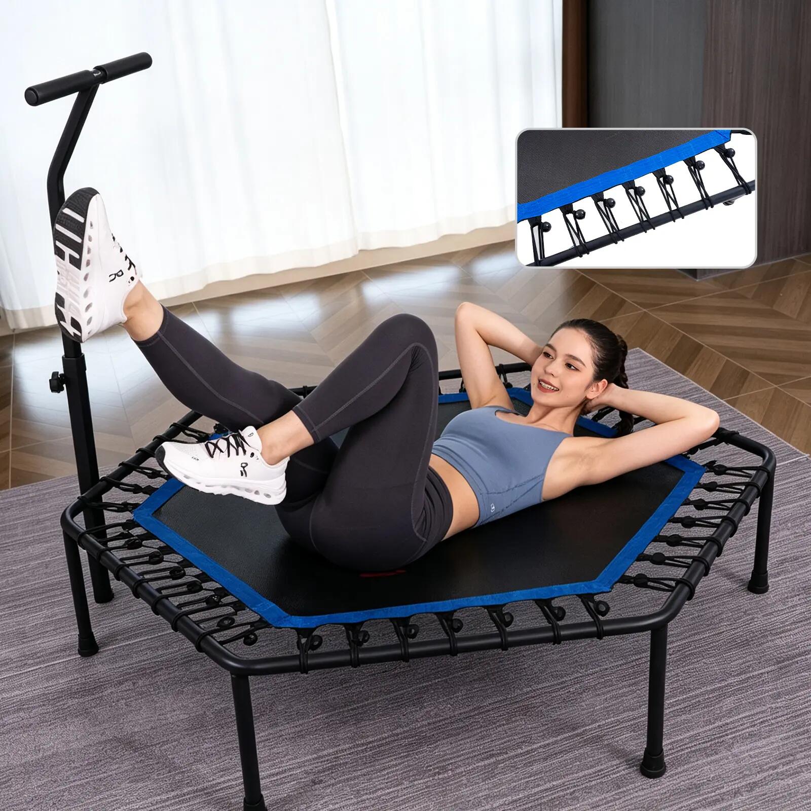 Trampolim de fitness dobrável com barra de apoio, até 100 kg. 7/8