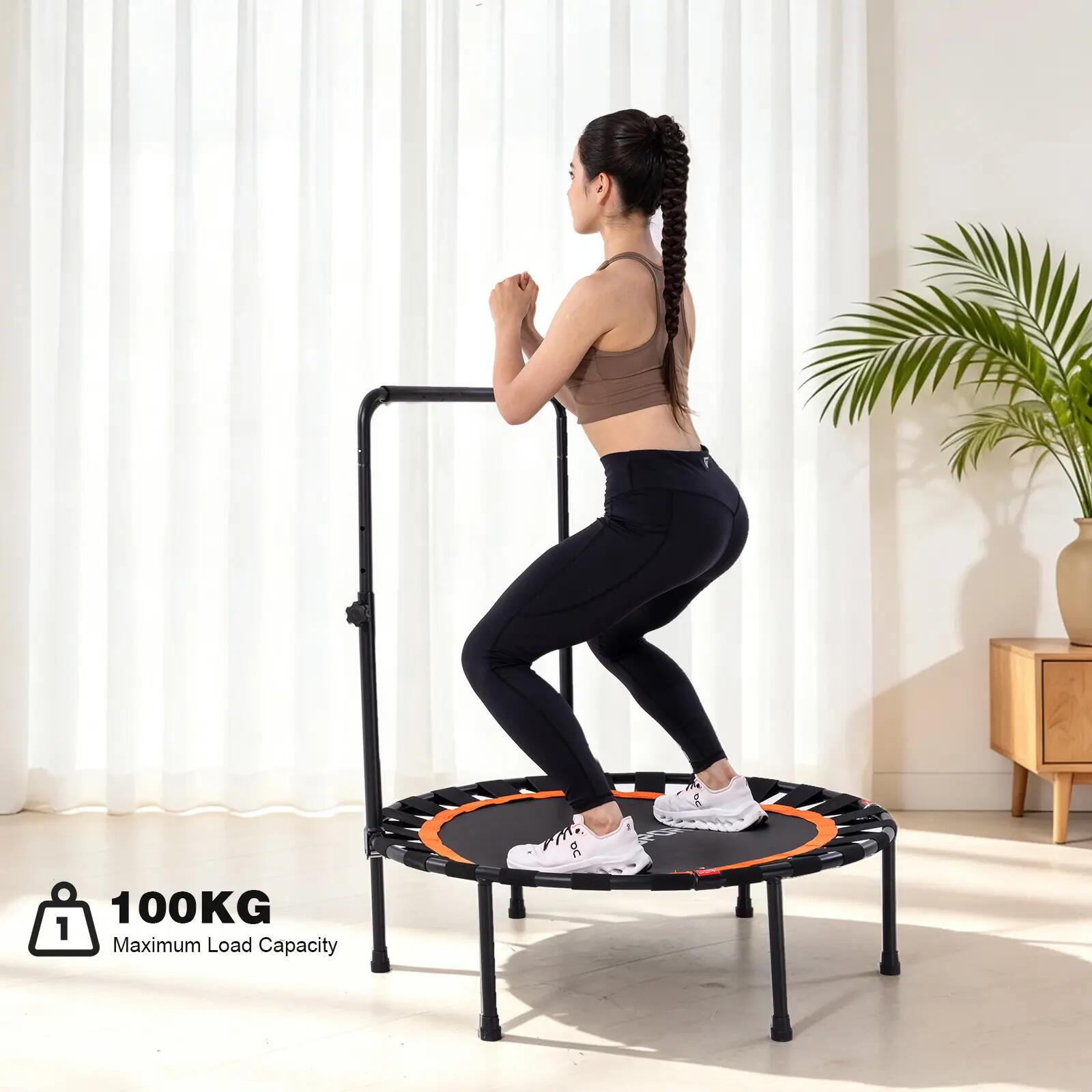 Trampolim de fitness dobrável com barra de apoio, design silencioso e resistente 6/9