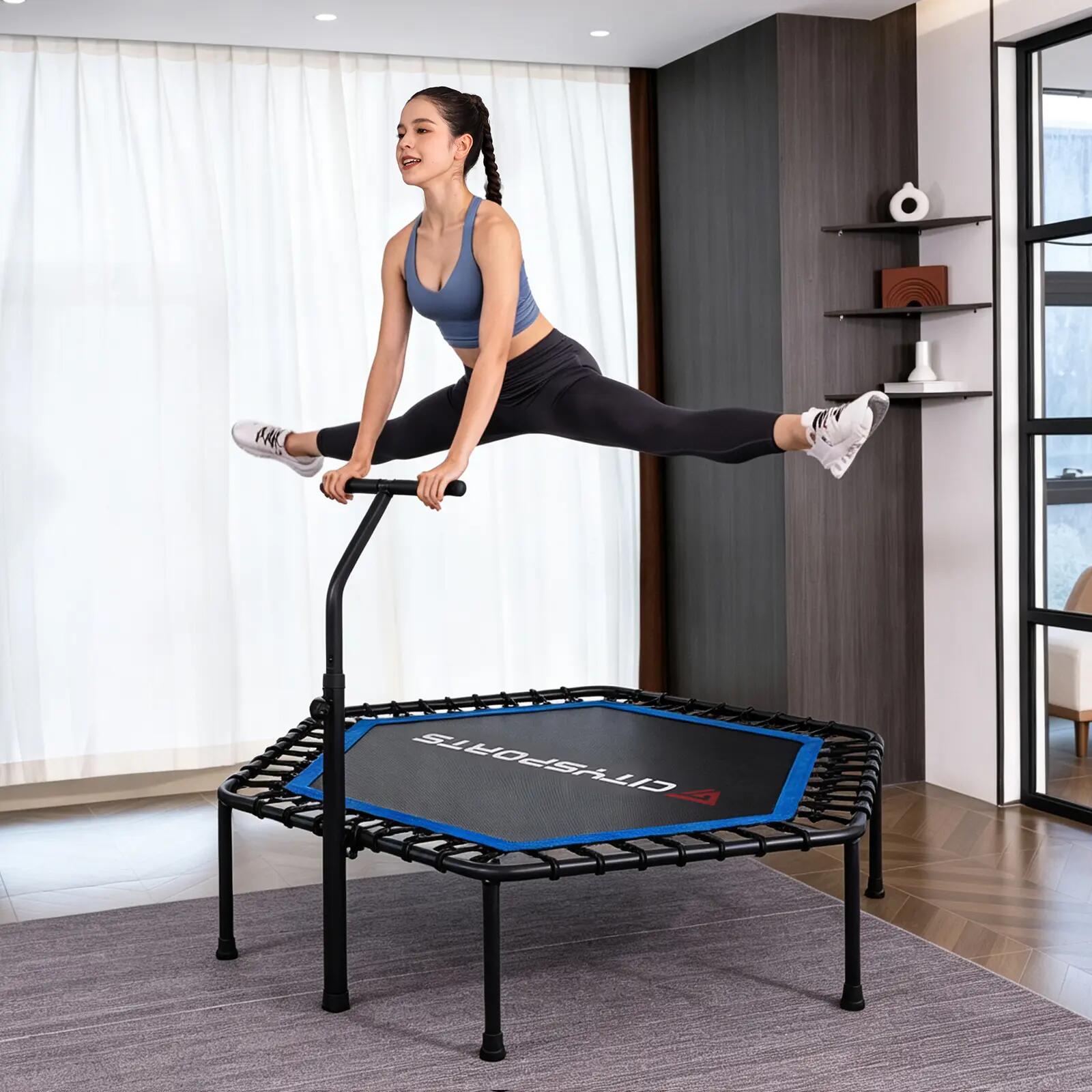 Trampolim de fitness dobrável com barra de apoio, até 100 kg. 6/8