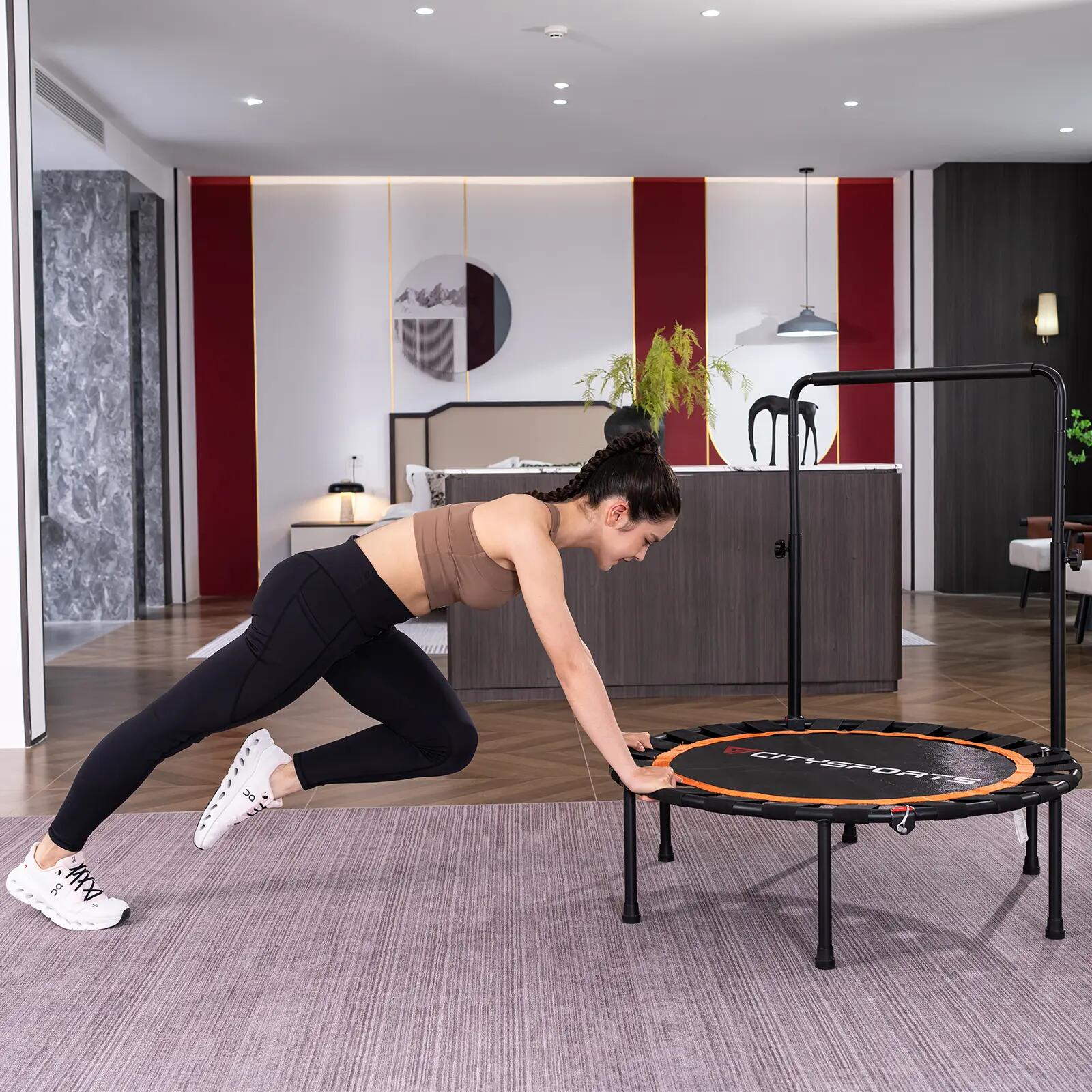 Trampolim de fitness dobrável com barra de apoio, design silencioso e resistente 9/9