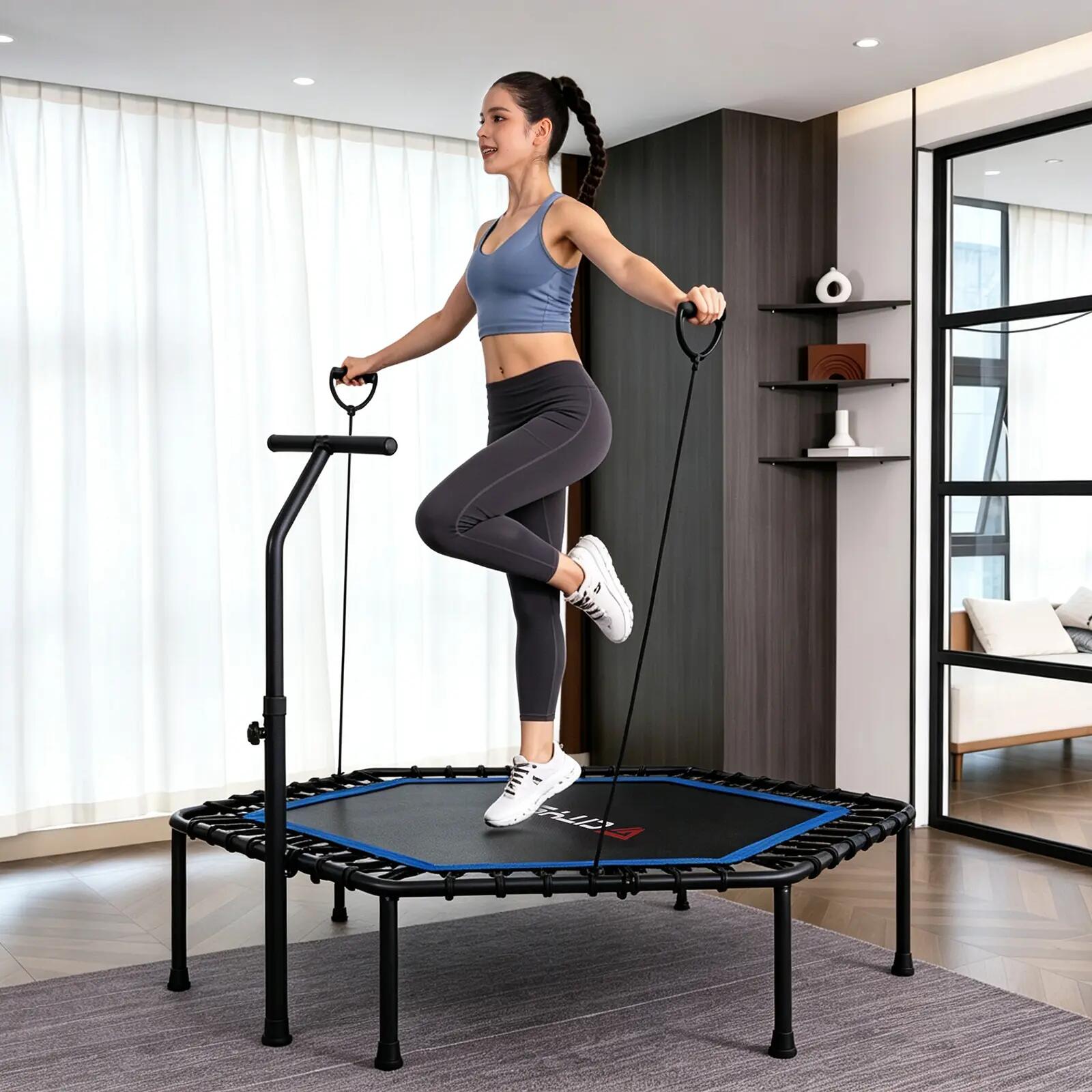 Trampolim de fitness dobrável com barra de apoio, até 100 kg. 5/8