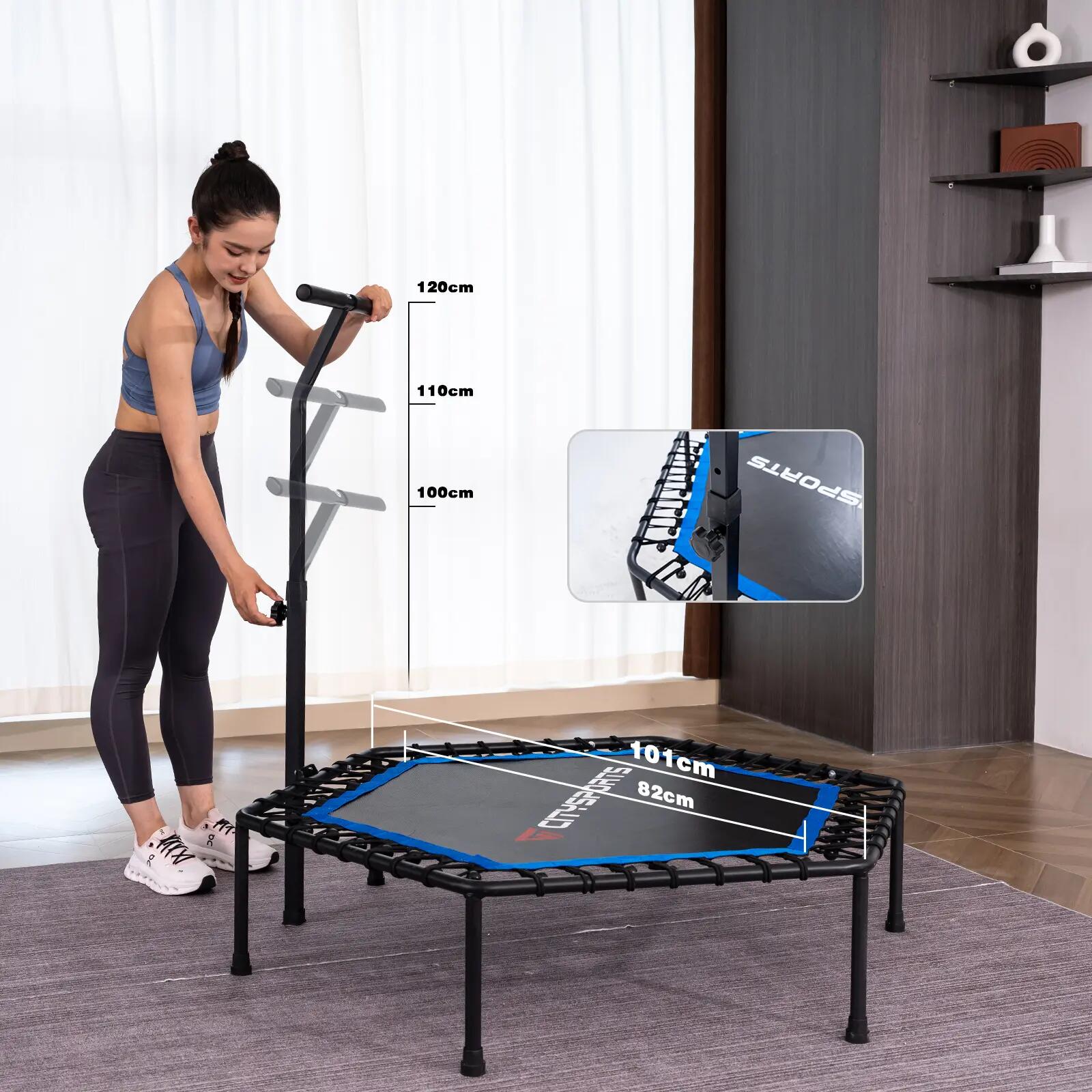 Trampolim de fitness dobrável com barra de apoio, até 100 kg. 4/8