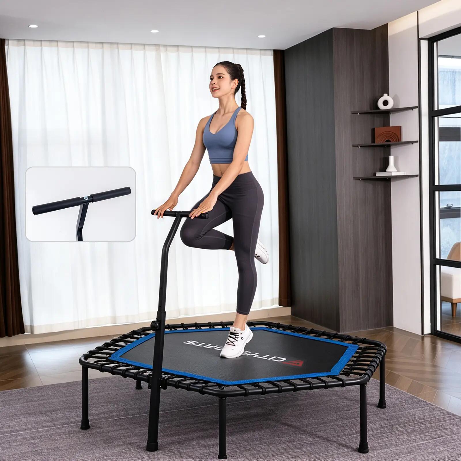 Trampolim de fitness dobrável com barra de apoio, até 100 kg. 3/8