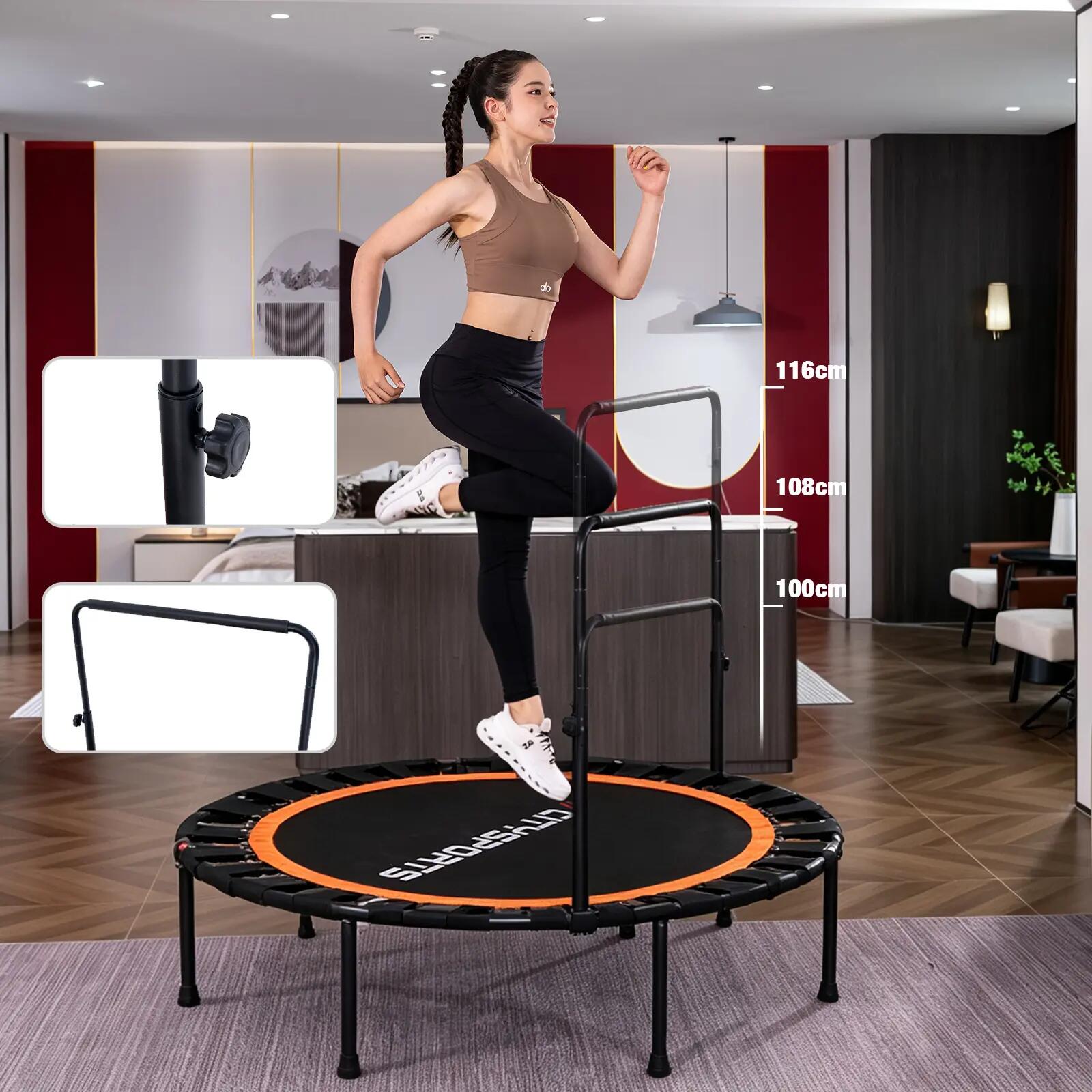 Trampolim de fitness dobrável com barra de apoio, design silencioso e resistente 5/9