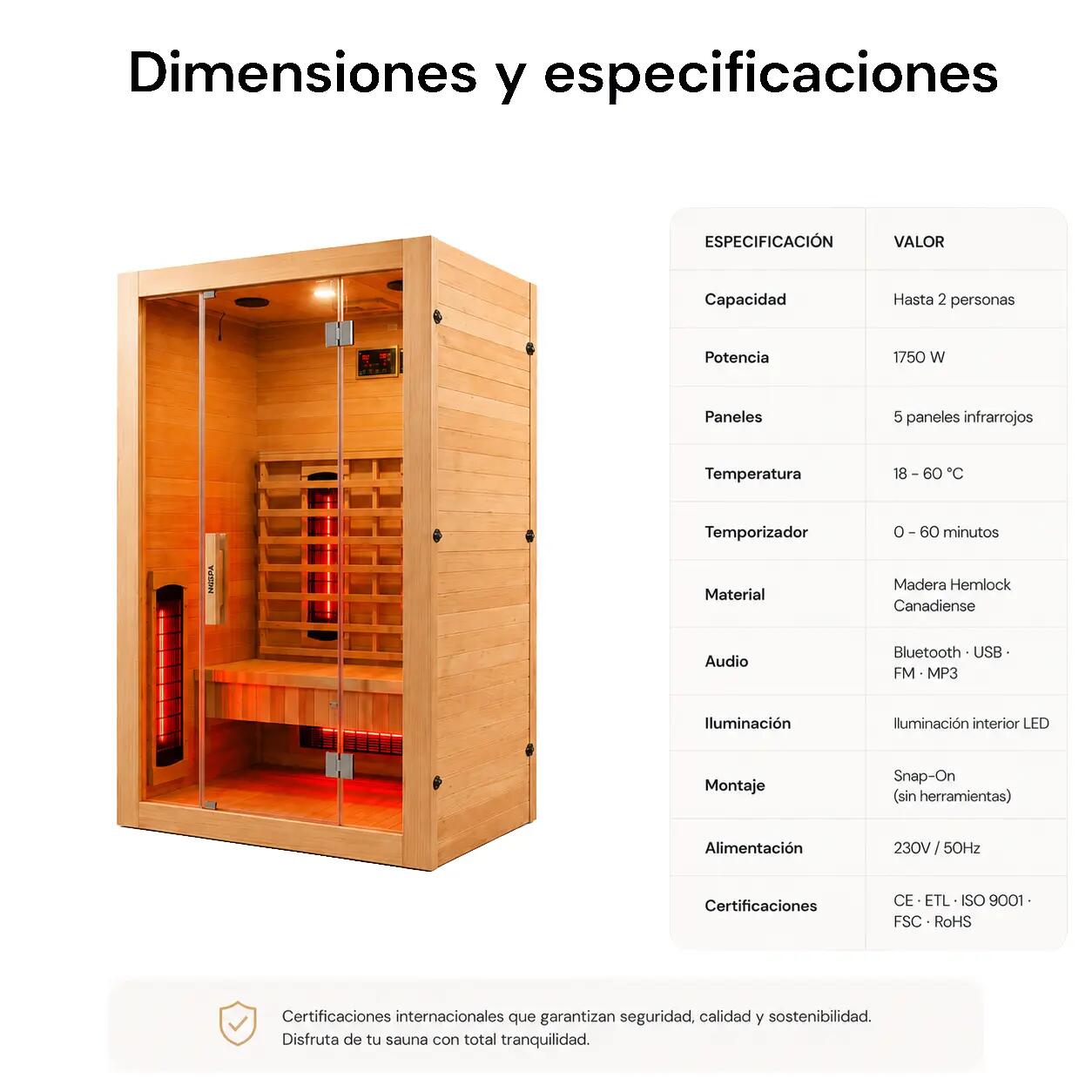 Sauna Infrarouge pour 2 Personnes avec 5 Panneaux, Bluetooth et Contrôle Digital 5/7