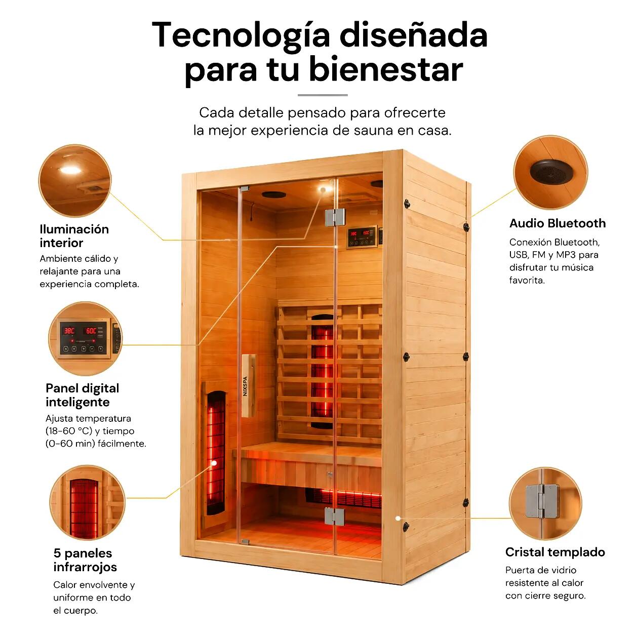 Sauna Infrarouge pour 2 Personnes avec 5 Panneaux, Bluetooth et Contrôle Digital 4/7