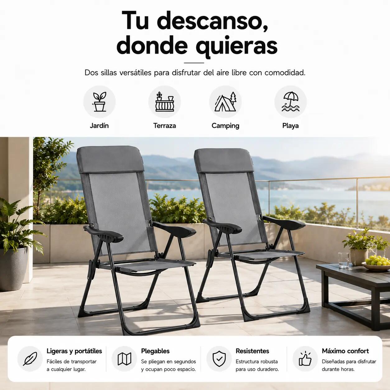Set di 2 sedie pieghevoli reclinabili 7 posizioni schienale alto esterno 7/7